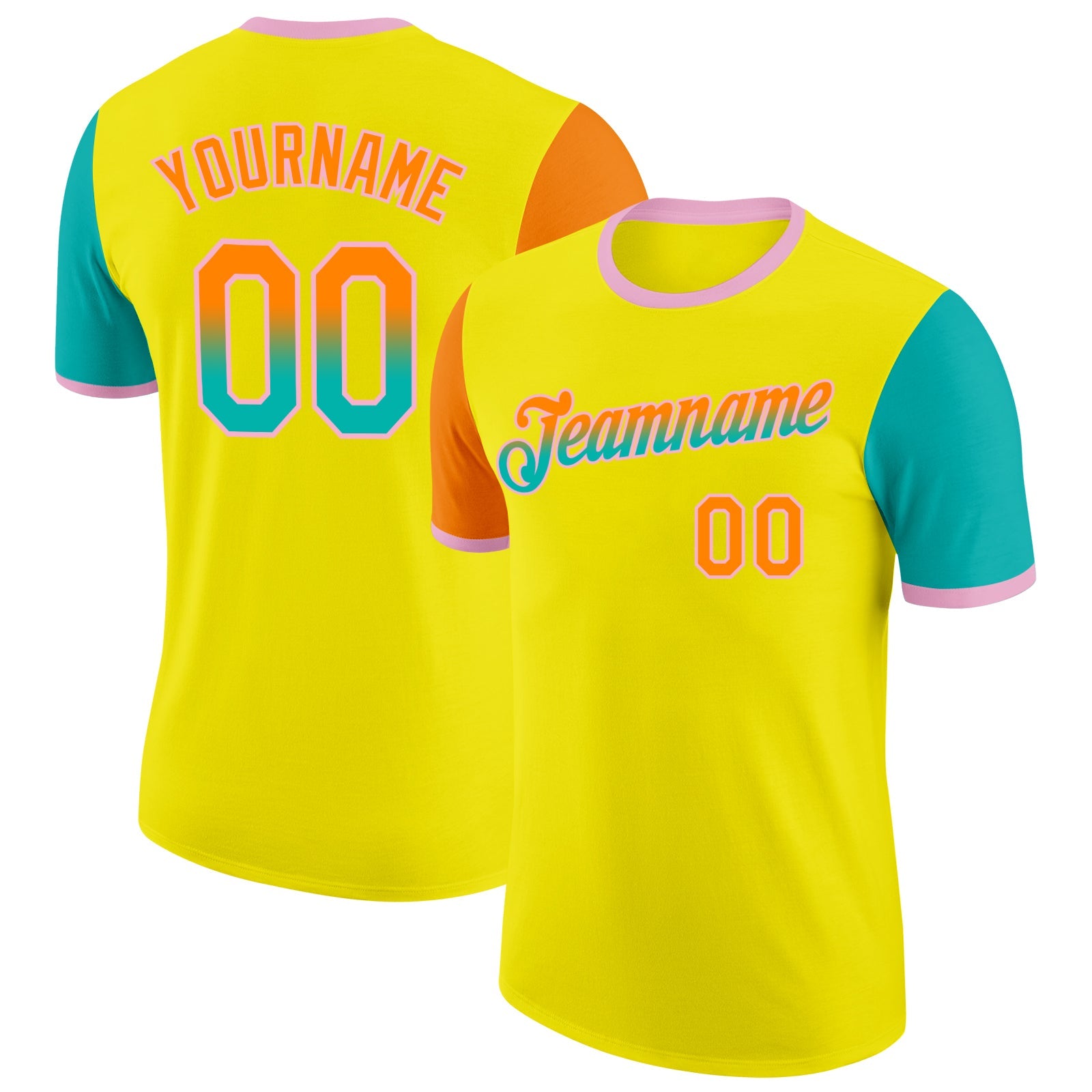 Custom Light Yellow Bay Orange Aqua-Light Pink Gradient Two Tone Performance T-Shirt - Main View