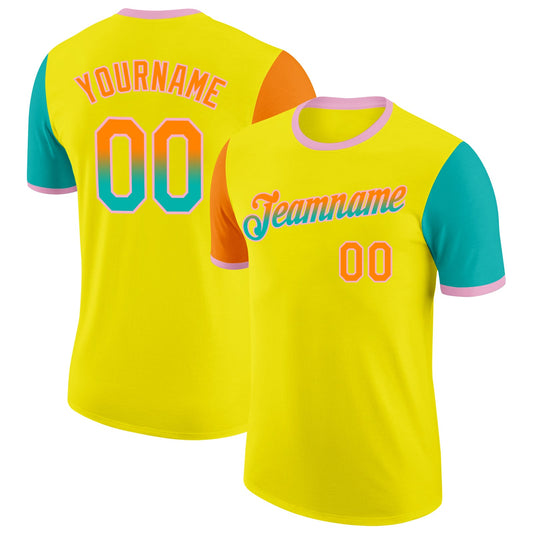 Custom Light Yellow Bay Orange Aqua-Light Pink Gradient Two Tone Performance T-Shirt - Main View