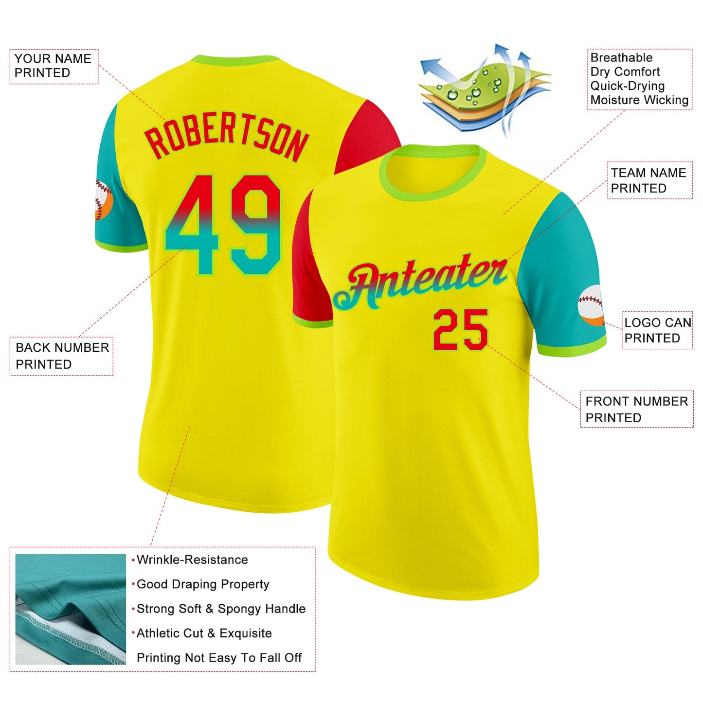 Custom Light Yellow Fire Red Aqua-Neon Green Gradient Two Tone Performance T-Shirt view 2