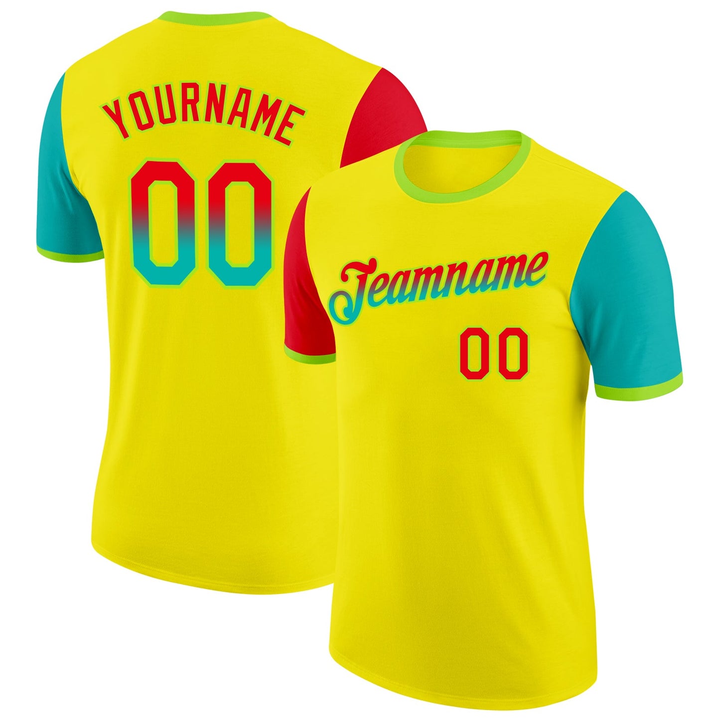 Custom Light Yellow Fire Red Aqua-Neon Green Gradient Two Tone Performance T-Shirt - Main View