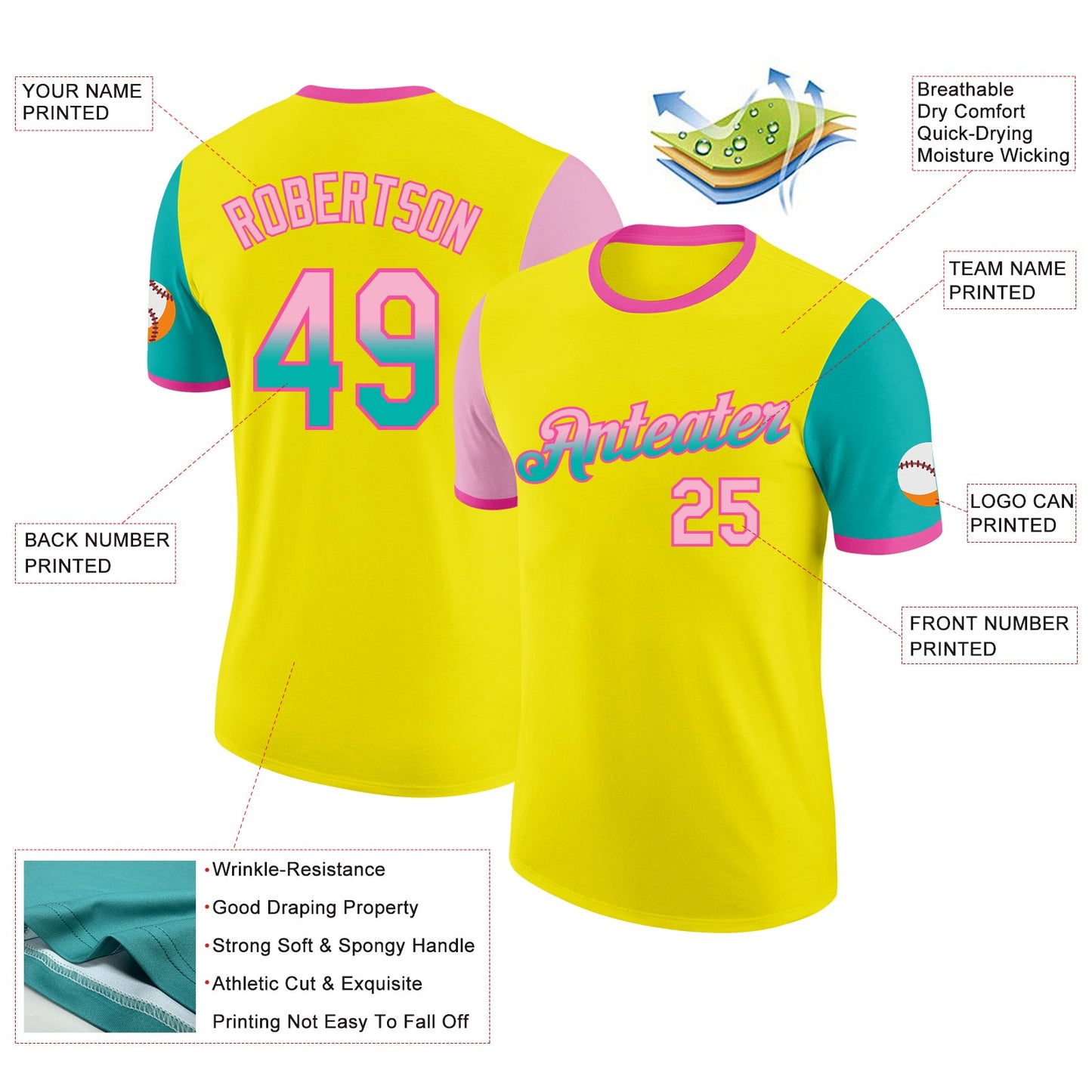 Custom Light Yellow Light Pink Aqua-Pink Gradient Two Tone Performance T-Shirt view 2