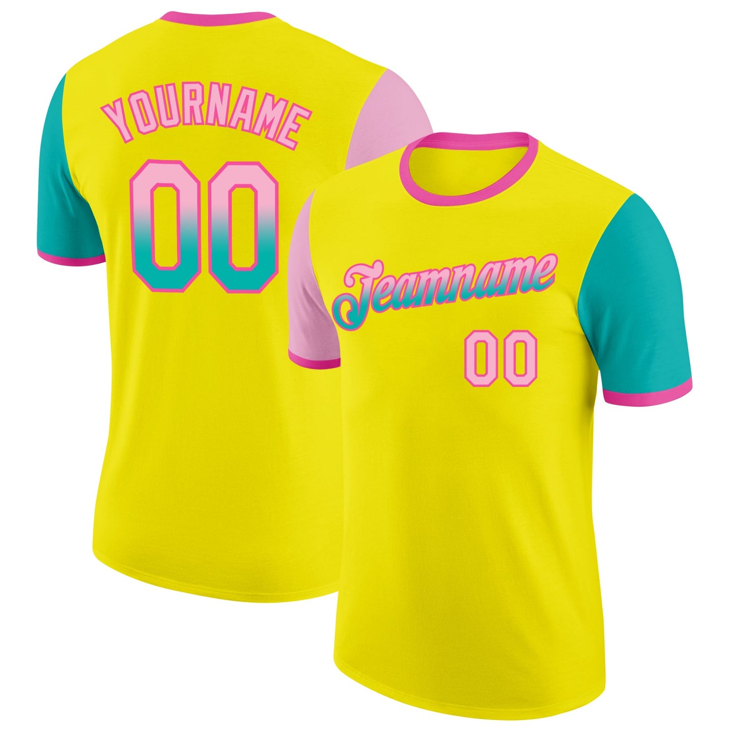 Custom Light Yellow Light Pink Aqua-Pink Gradient Two Tone Performance T-Shirt - Main View
