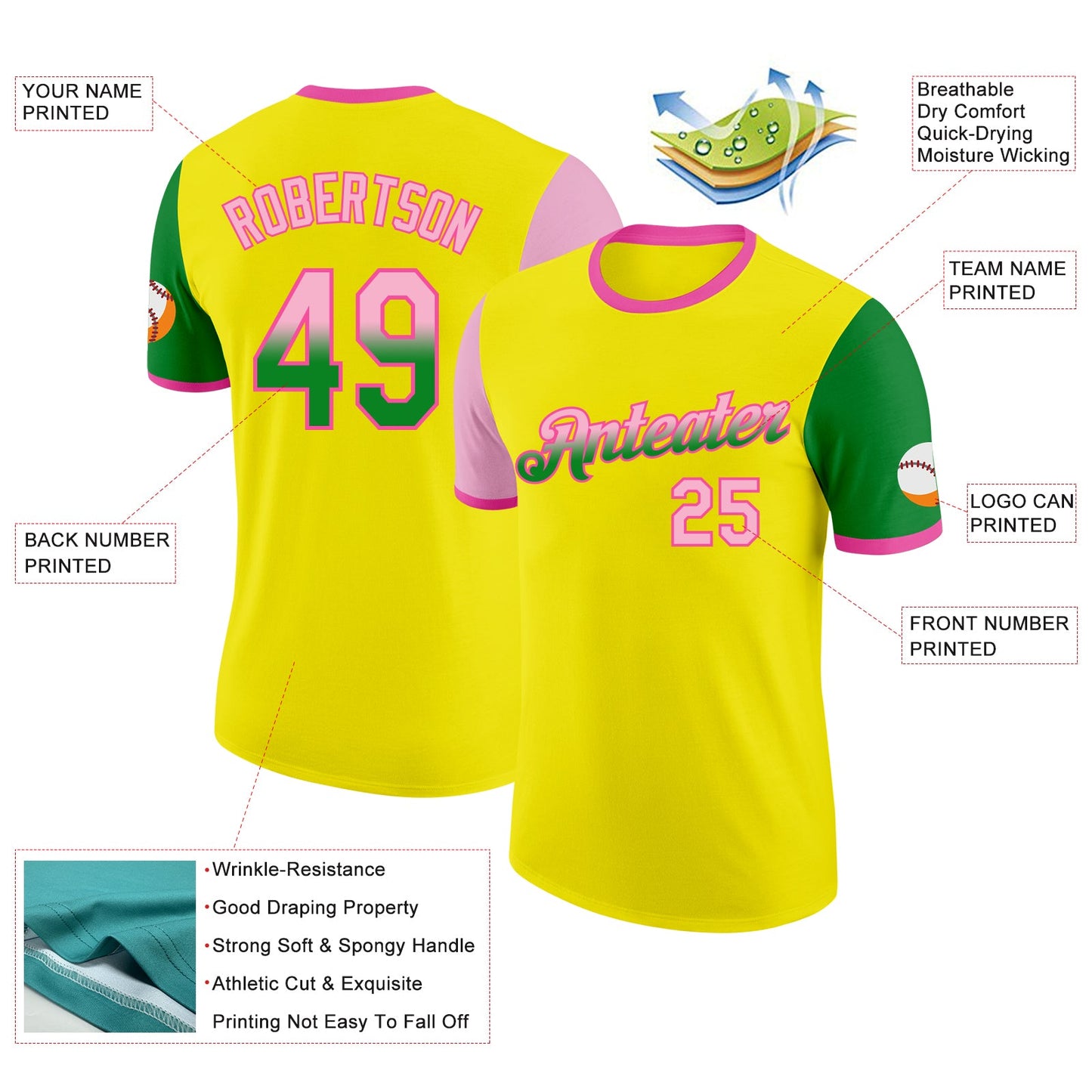 Custom Light Yellow Light Pink Grass Green-Pink Gradient Two Tone Performance T-Shirt view 2