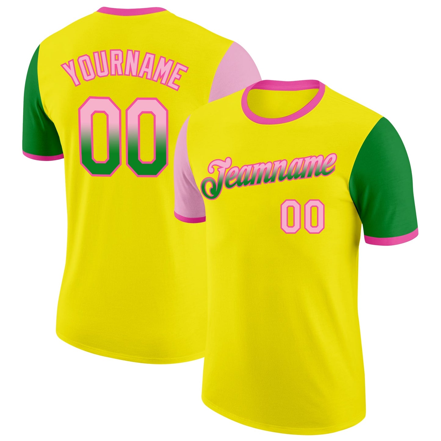 Custom Light Yellow Light Pink Grass Green-Pink Gradient Two Tone Performance T-Shirt - Main View