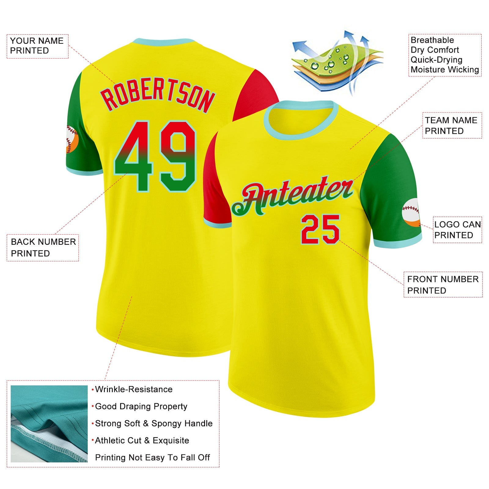 Custom Light Yellow Fire Red Grass Green-Ice Blue Gradient Two Tone Performance T-Shirt view 2