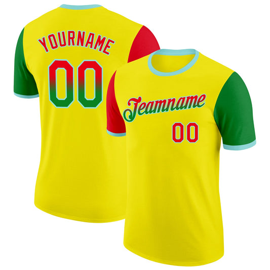 Custom Light Yellow Fire Red Grass Green-Ice Blue Gradient Two Tone Performance T-Shirt - Main View