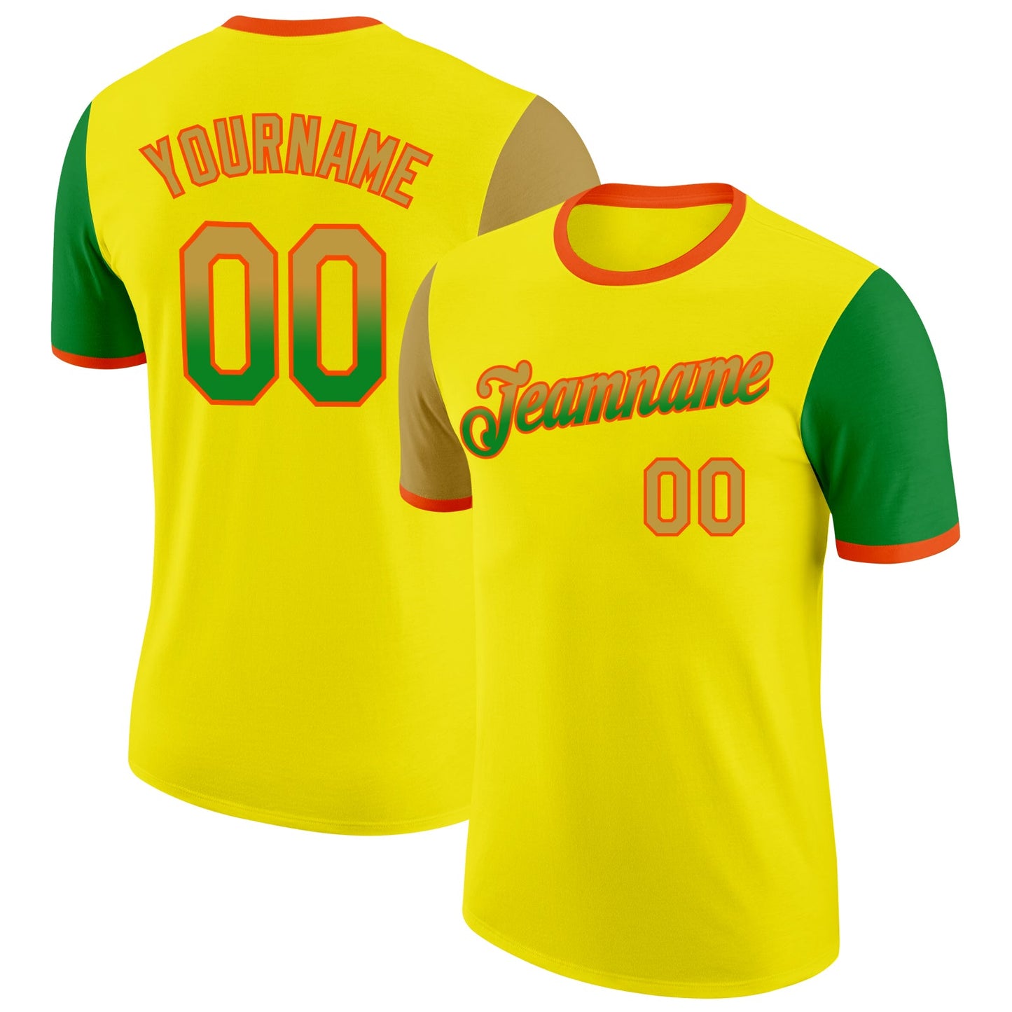 Custom Light Yellow Old Gold Grass Green-Orange Gradient Two Tone Performance T-Shirt - Main View