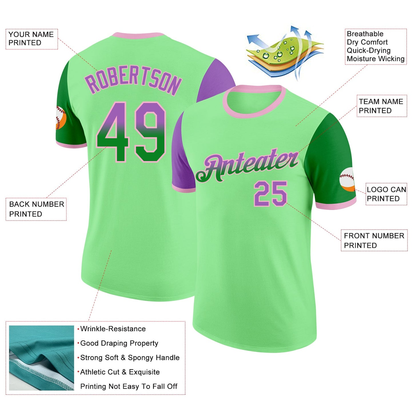 Custom Pea Green Medium Purple Grass Green-Light Pink Gradient Two Tone Performance T-Shirt view 2