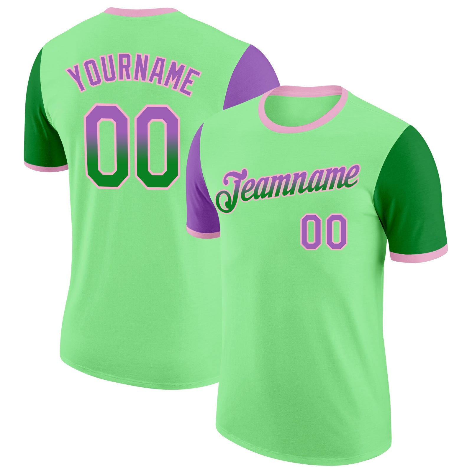 Custom Pea Green Medium Purple Grass Green-Light Pink Gradient Two Tone Performance T-Shirt - Main View