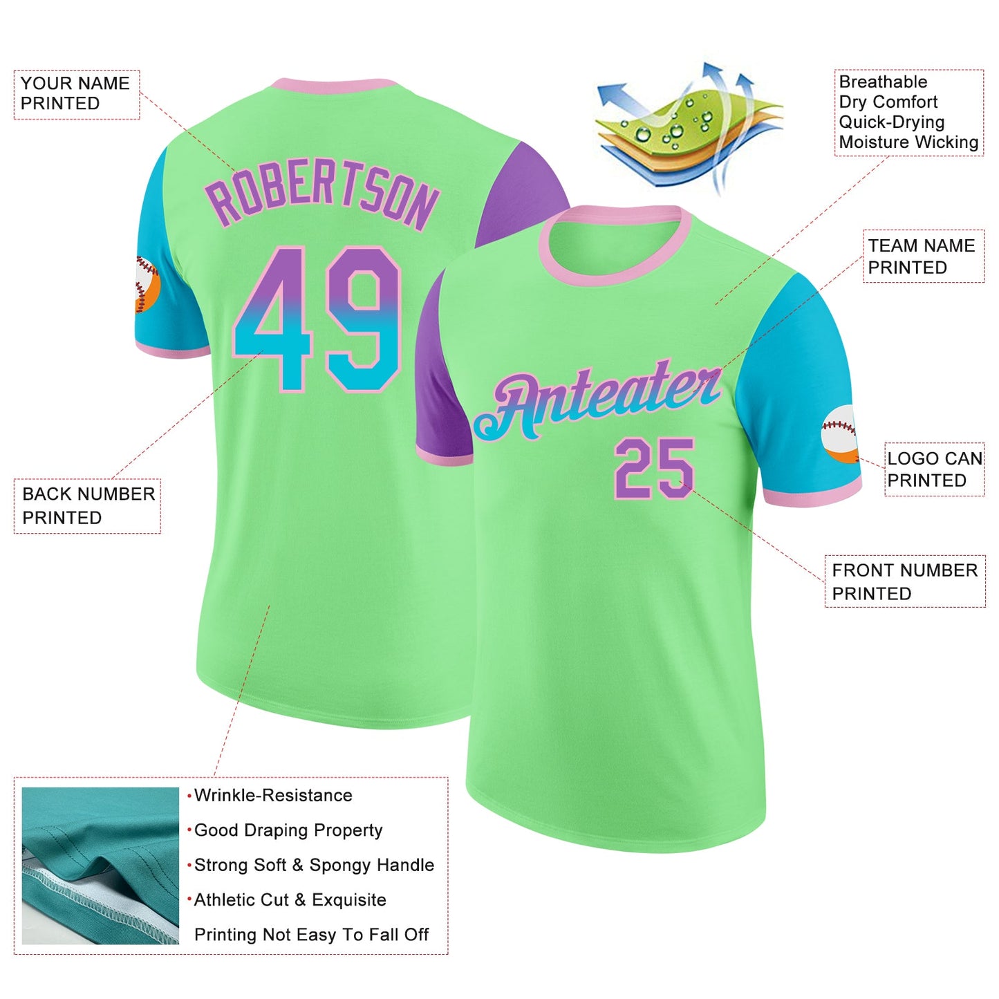 Custom Pea Green Medium Purple Lakes Blue-Light Pink Gradient Two Tone Performance T-Shirt view 2