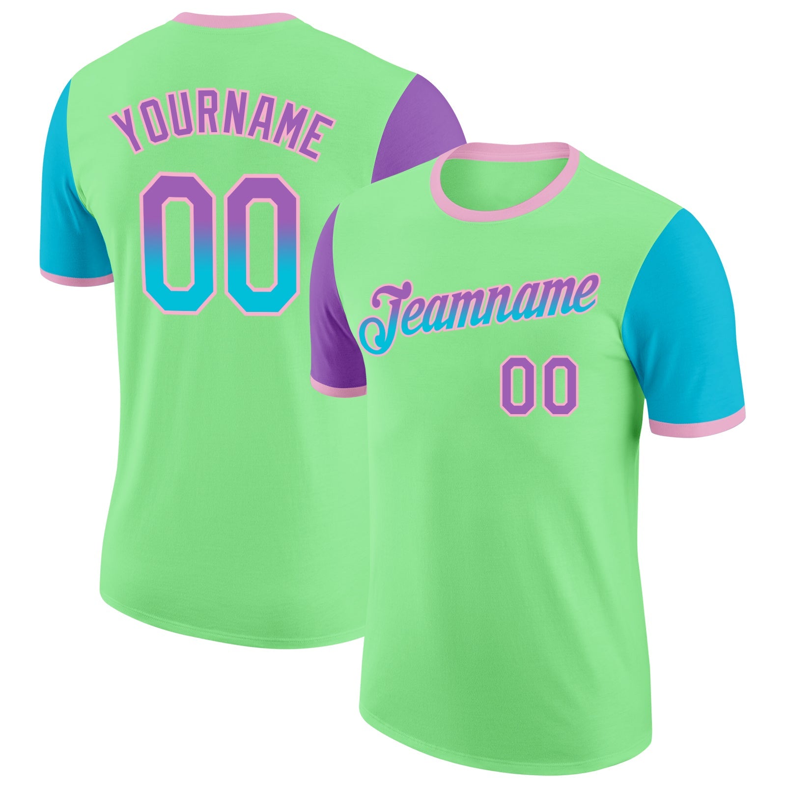Custom Pea Green Medium Purple Lakes Blue-Light Pink Gradient Two Tone Performance T-Shirt - Main View
