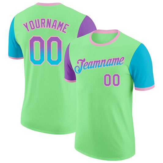 Custom Pea Green Medium Purple Lakes Blue-Light Pink Gradient Two Tone Performance T-Shirt - Main View