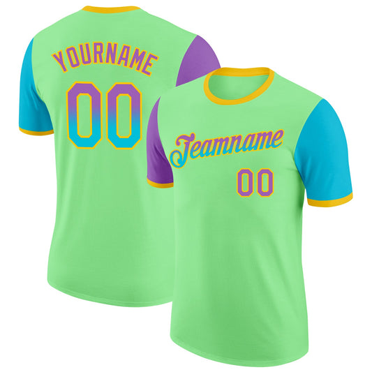 Custom Pea Green Medium Purple Lakes Blue-Yellow Gradient Two Tone Performance T-Shirt - Main View