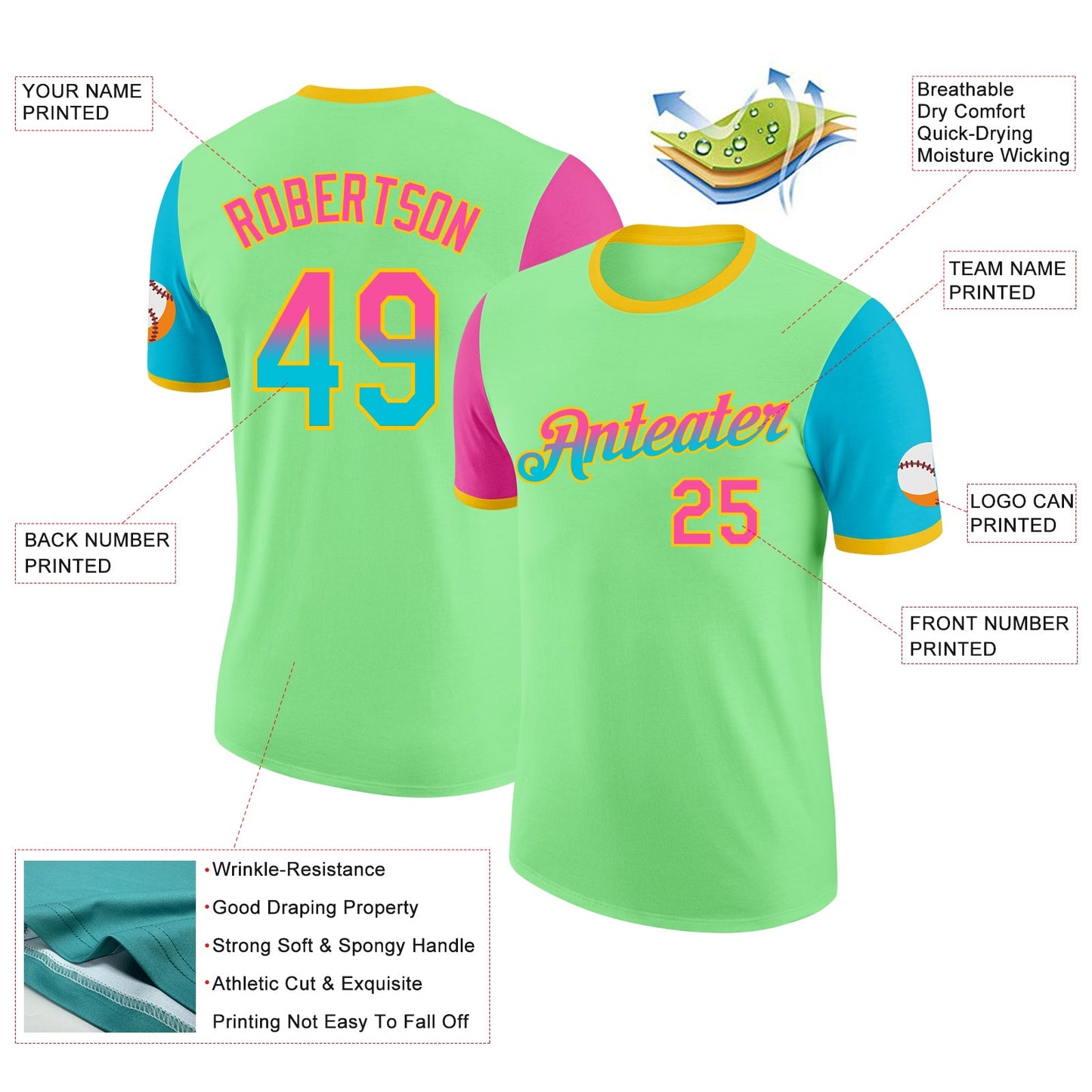 Custom Pea Green Pink Lakes Blue-Yellow Gradient Two Tone Performance T-Shirt view 2