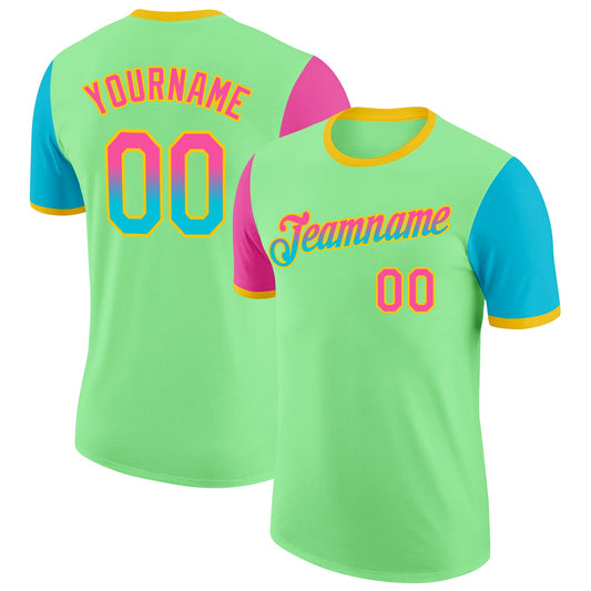 Custom Pea Green Pink Lakes Blue-Yellow Gradient Two Tone Performance T-Shirt - Main View