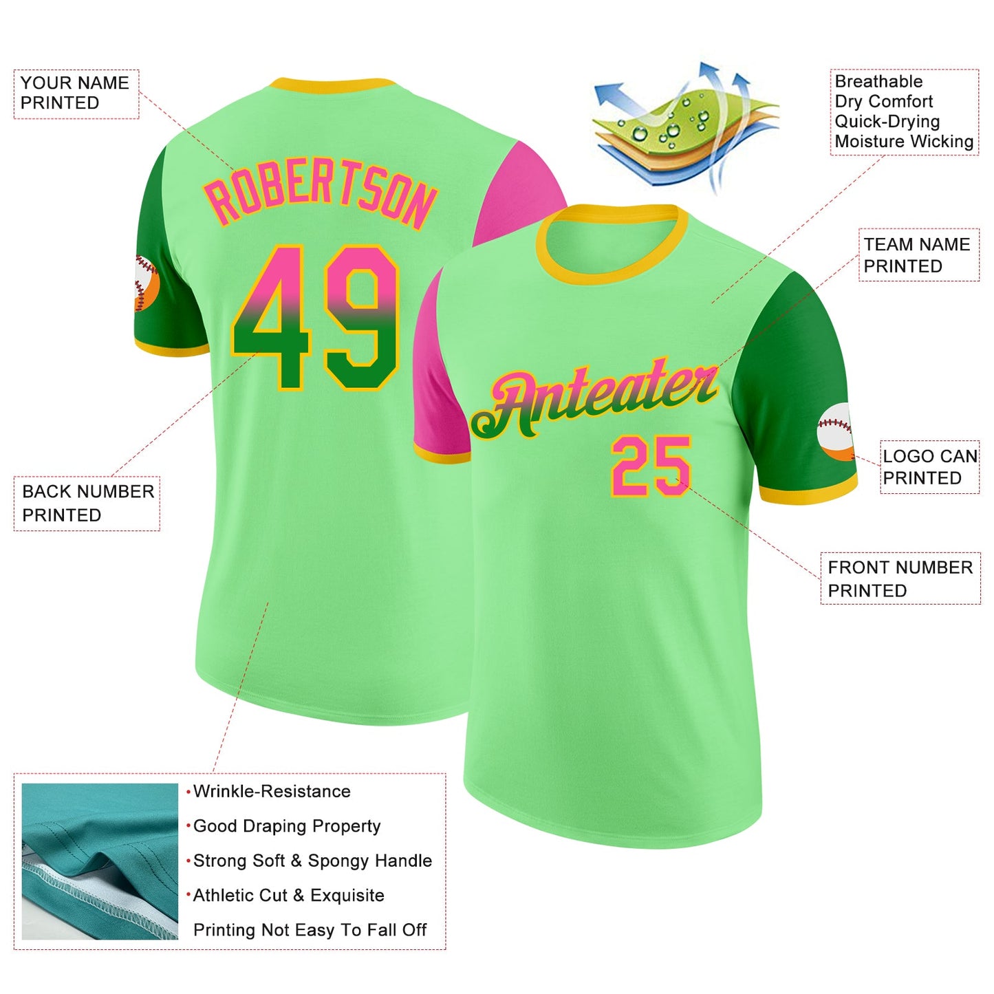 Custom Pea Green Pink Grass Green-Yellow Gradient Two Tone Performance T-Shirt view 2