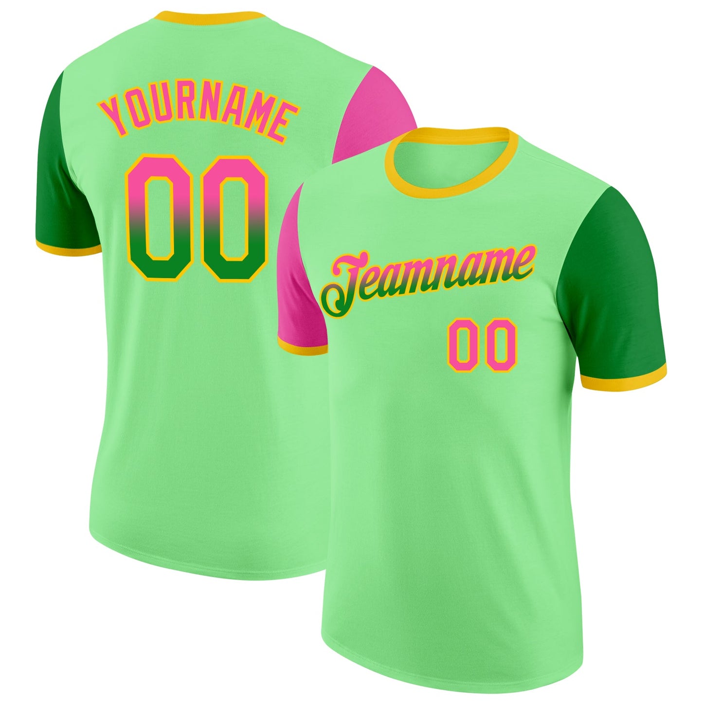 Custom Pea Green Pink Grass Green-Yellow Gradient Two Tone Performance T-Shirt - Main View