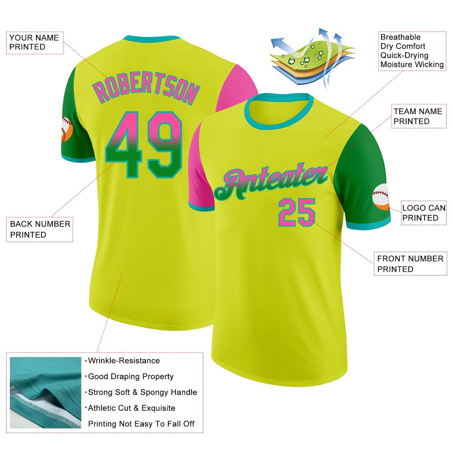 Custom Neon Yellow Pink Grass Green-Aqua Gradient Two Tone Performance T-Shirt view 2