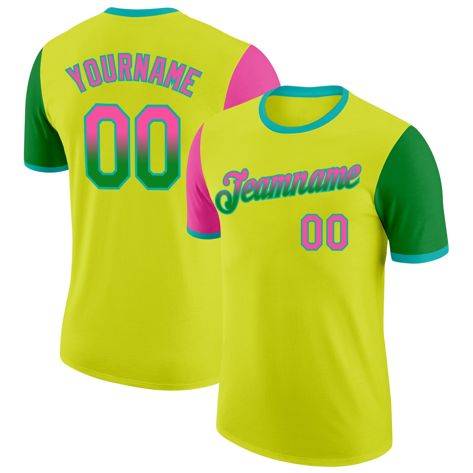 Custom Neon Yellow Pink Grass Green-Aqua Gradient Two Tone Performance T-Shirt - Main View