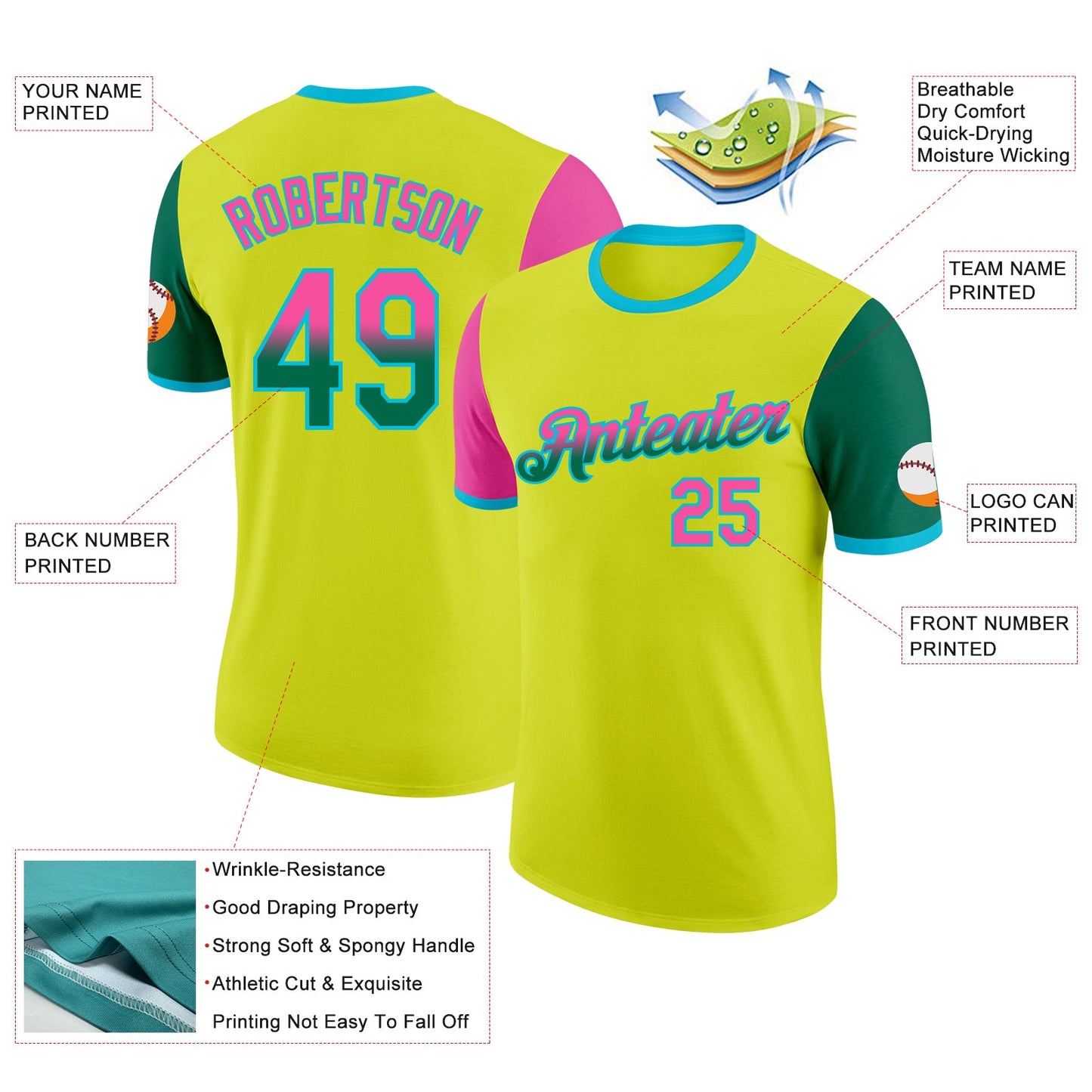 Custom Neon Yellow Pink Kelly Green-Lakes Blue Gradient Two Tone Performance T-Shirt view 2