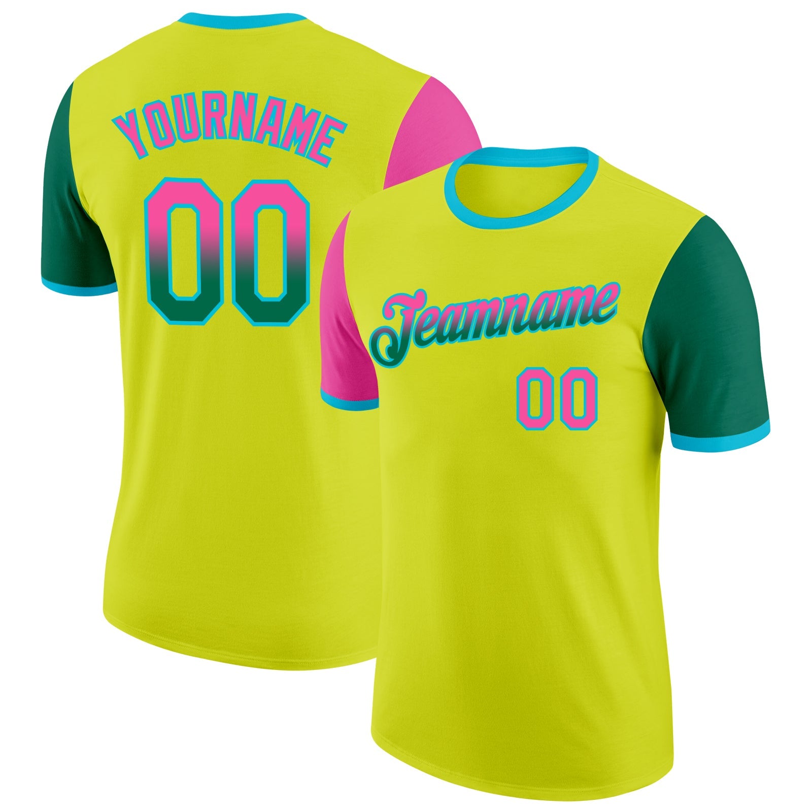 Custom Neon Yellow Pink Kelly Green-Lakes Blue Gradient Two Tone Performance T-Shirt - Main View