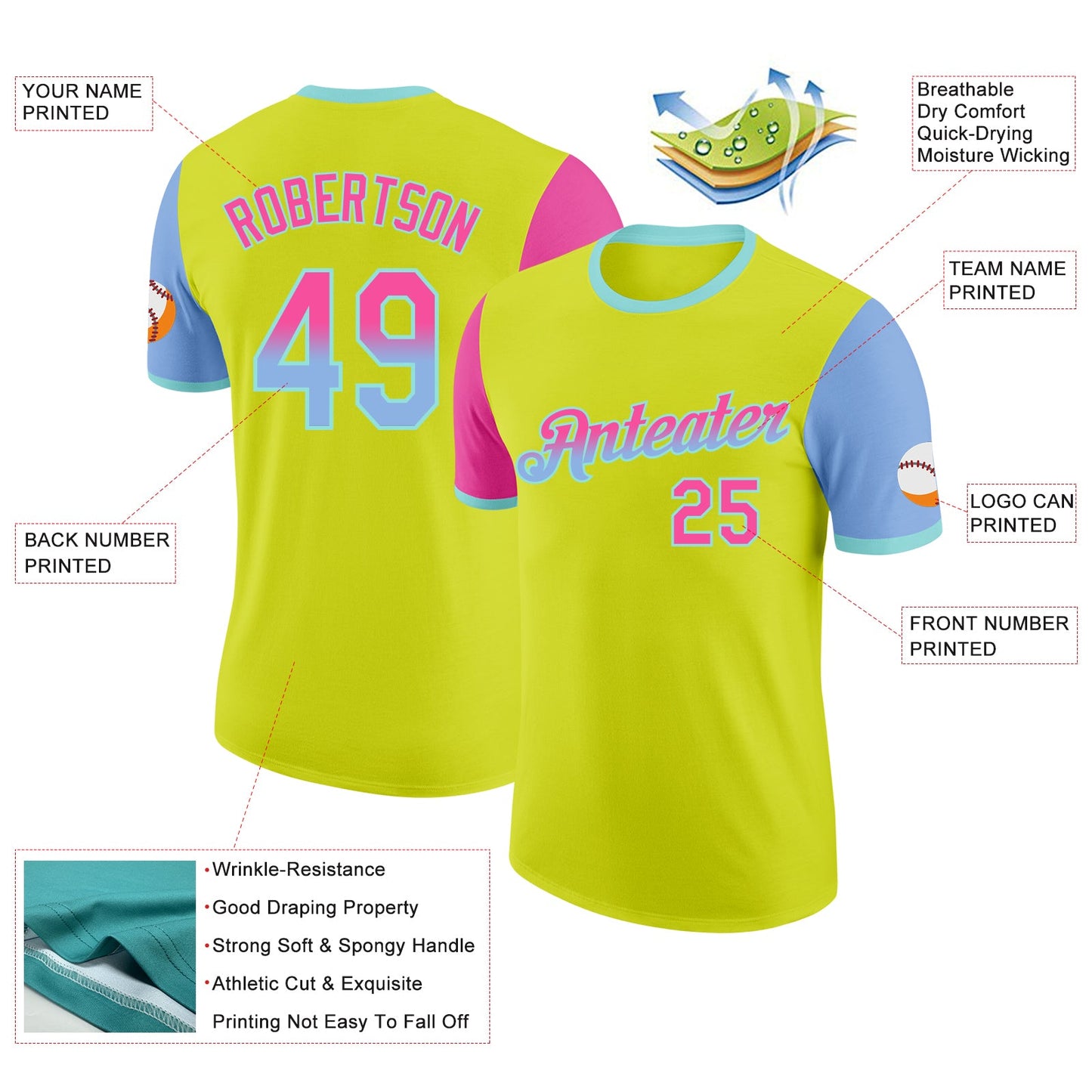 Custom Neon Yellow Pink Light Blue-Ice Blue Gradient Two Tone Performance T-Shirt view 2