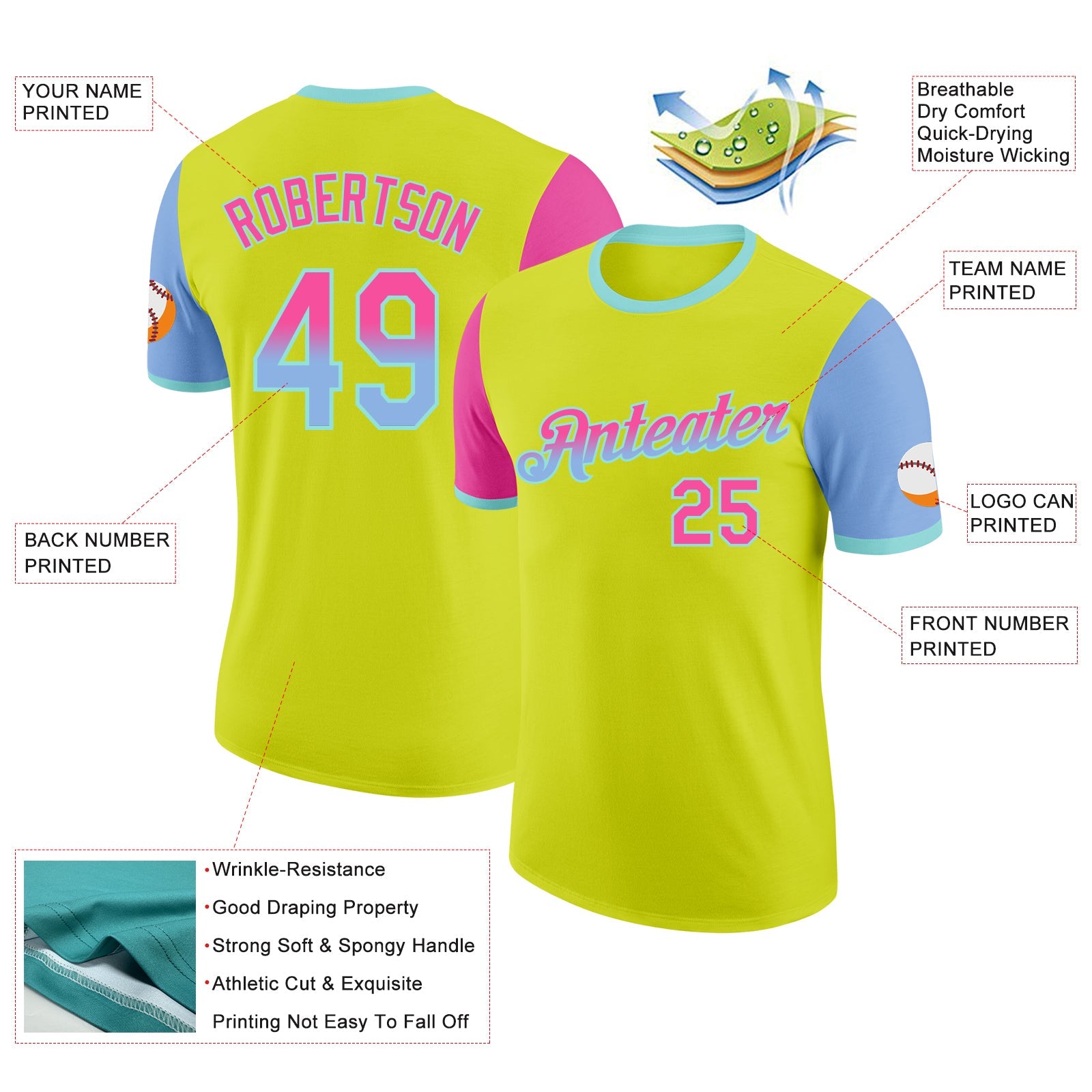 Custom Neon Yellow Pink Light Blue-Ice Blue Gradient Two Tone Performance T-Shirt view 2