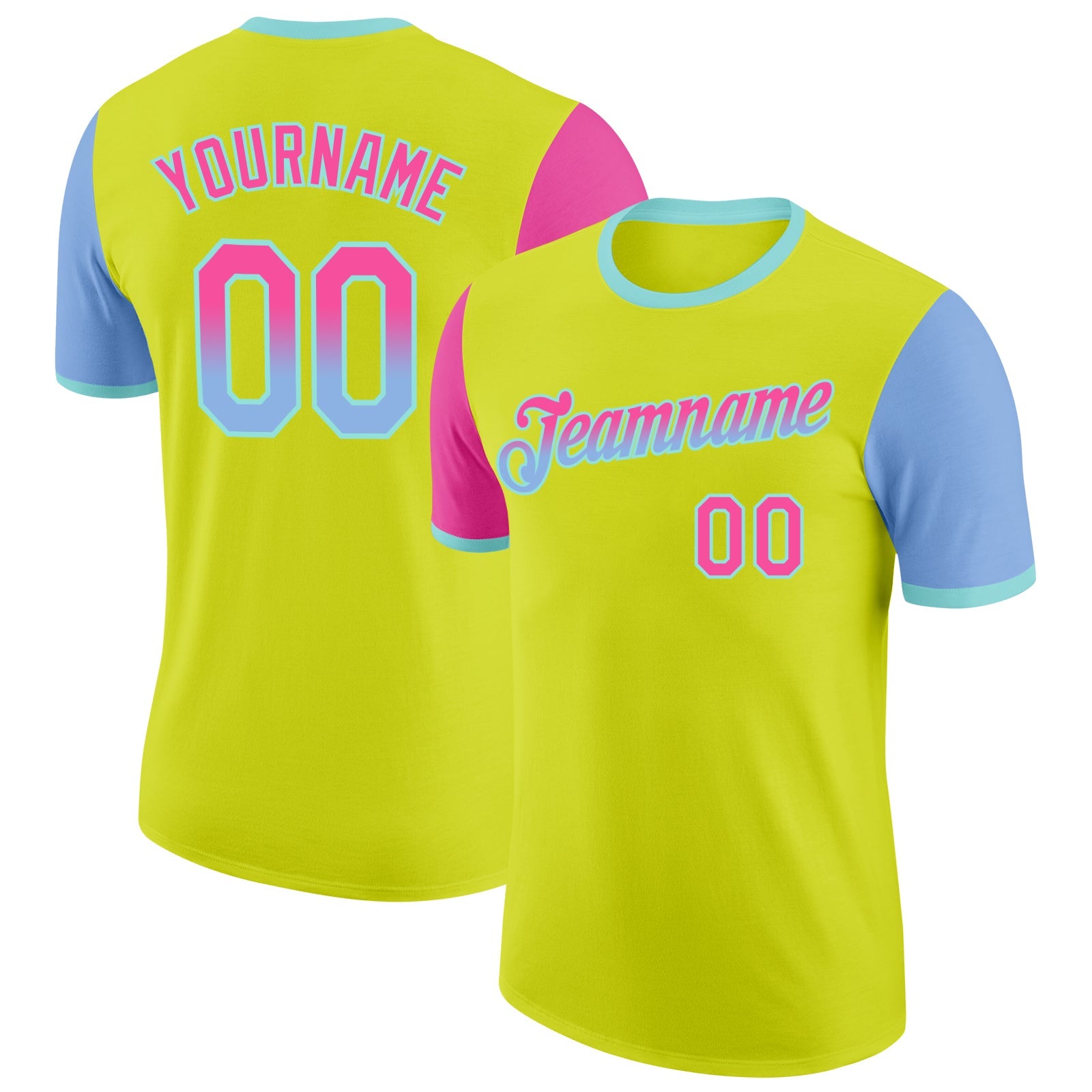 Custom Neon Yellow Pink Light Blue-Ice Blue Gradient Two Tone Performance T-Shirt - Main View