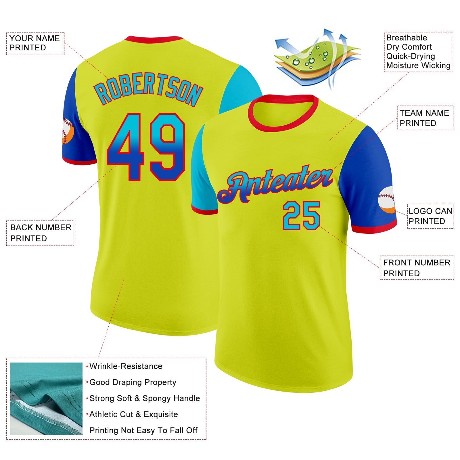 Custom Neon Yellow Lakes Blue Thunder Blue-Fire Red Gradient Two Tone Performance T-Shirt view 2