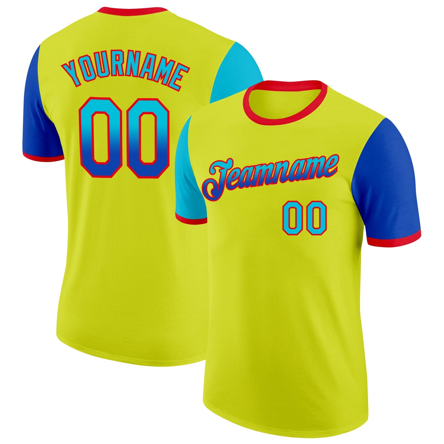 Custom Neon Yellow Lakes Blue Thunder Blue-Fire Red Gradient Two Tone Performance T-Shirt - Main View