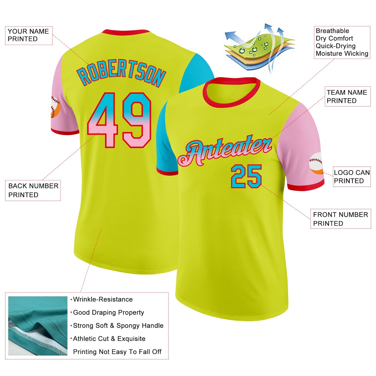 Custom Neon Yellow Lakes Blue Light Pink-Fire Red Gradient Two Tone Performance T-Shirt view 2