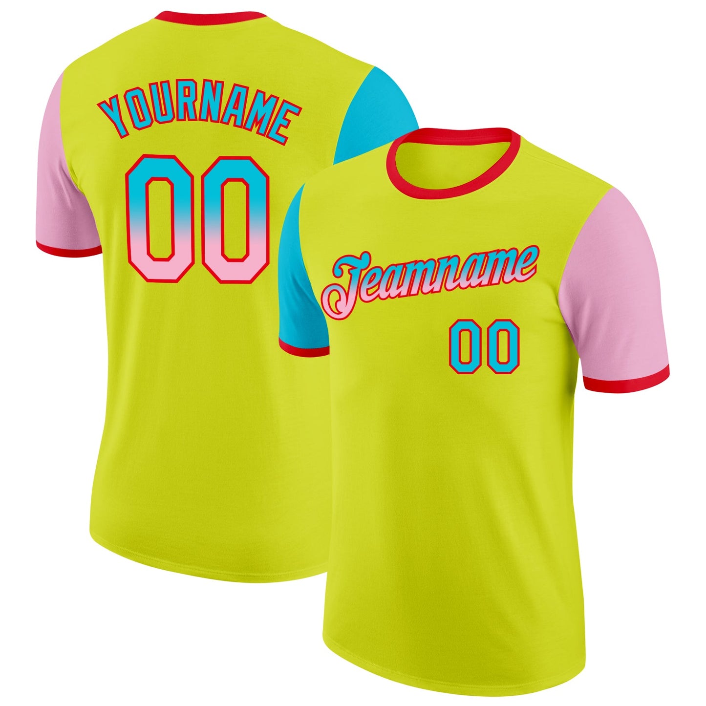 Custom Neon Yellow Lakes Blue Light Pink-Fire Red Gradient Two Tone Performance T-Shirt - Main View