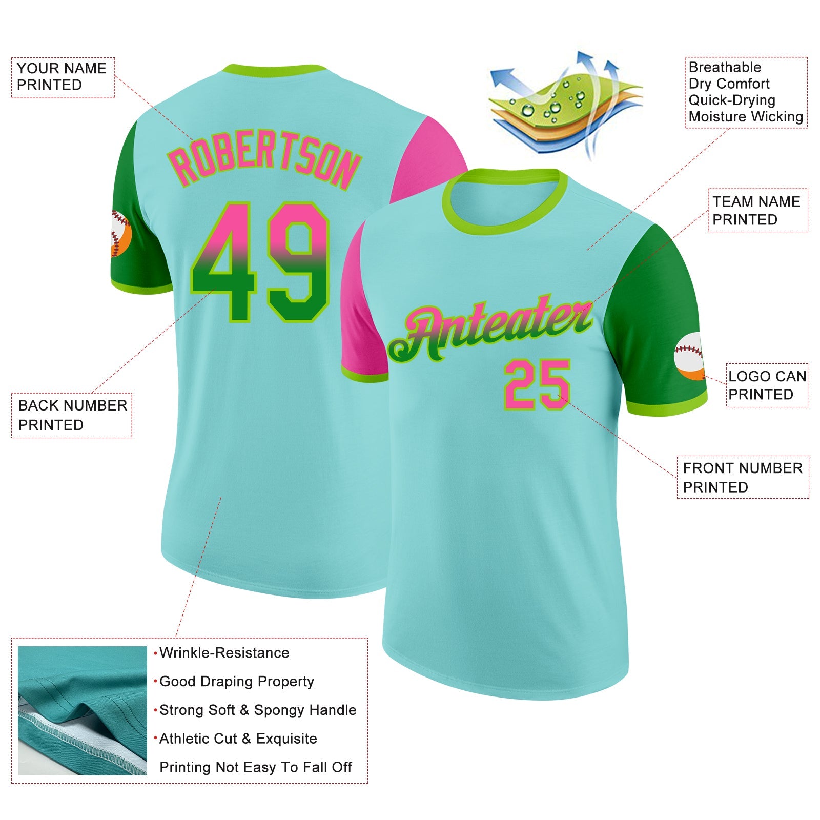 Custom Ice Blue Pink Grass Green-Neon Green Gradient Two Tone Performance T-Shirt view 2