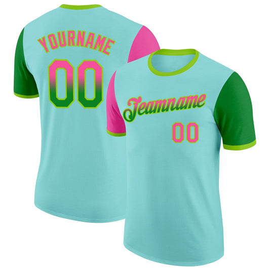 Custom Ice Blue Pink Grass Green-Neon Green Gradient Two Tone Performance T-Shirt - Main View