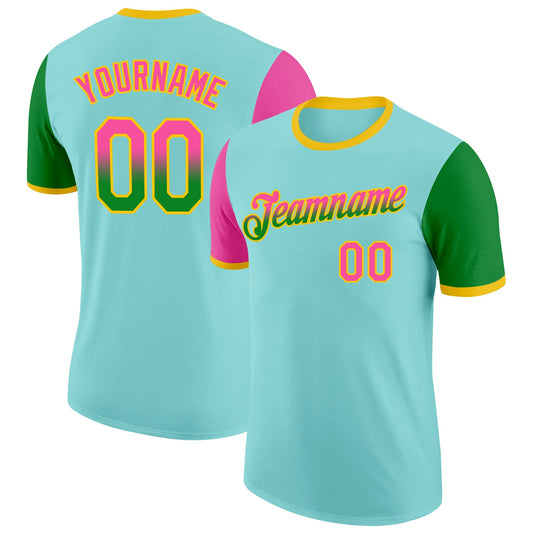 Custom Ice Blue Pink Grass Green-Yellow Gradient Two Tone Performance T-Shirt - Main View
