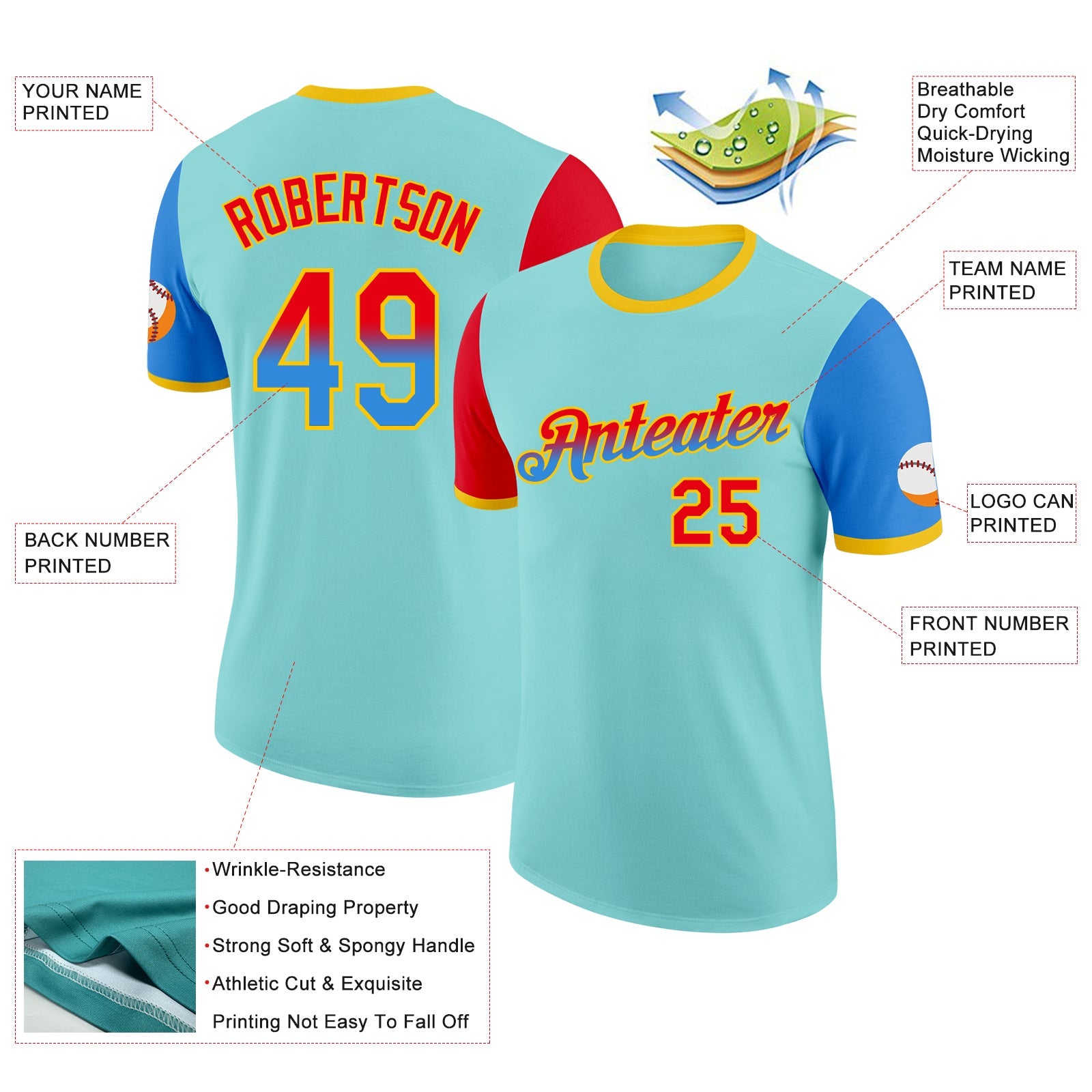 Custom Ice Blue Fire Red Powder Blue-Yellow Gradient Two Tone Performance T-Shirt view 2
