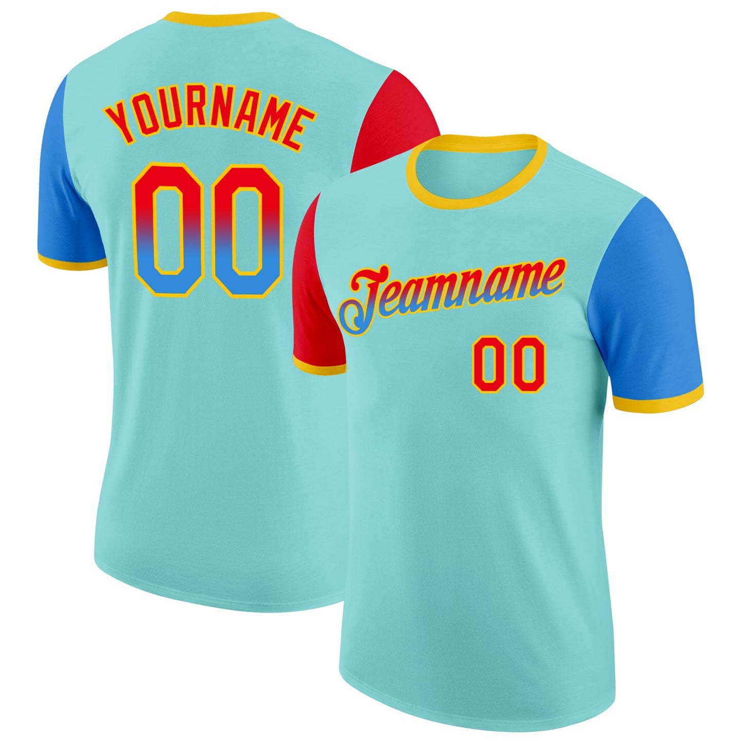 Custom Ice Blue Fire Red Powder Blue-Yellow Gradient Two Tone Performance T-Shirt - Main View