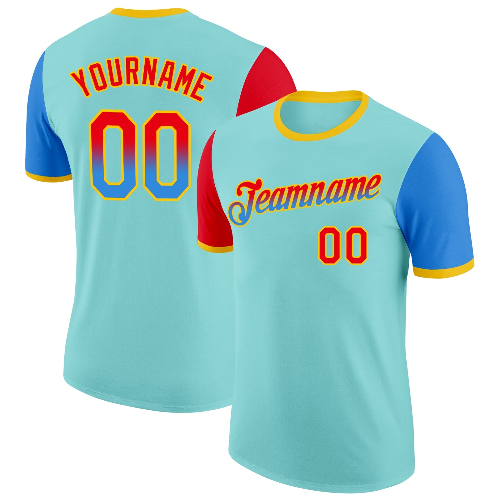 Custom Ice Blue Fire Red Powder Blue-Yellow Gradient Two Tone Performance T-Shirt - Main View