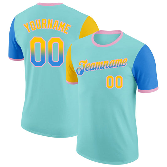 Custom Ice Blue Yellow Powder Blue-Light Pink Gradient Two Tone Performance T-Shirt - Main View