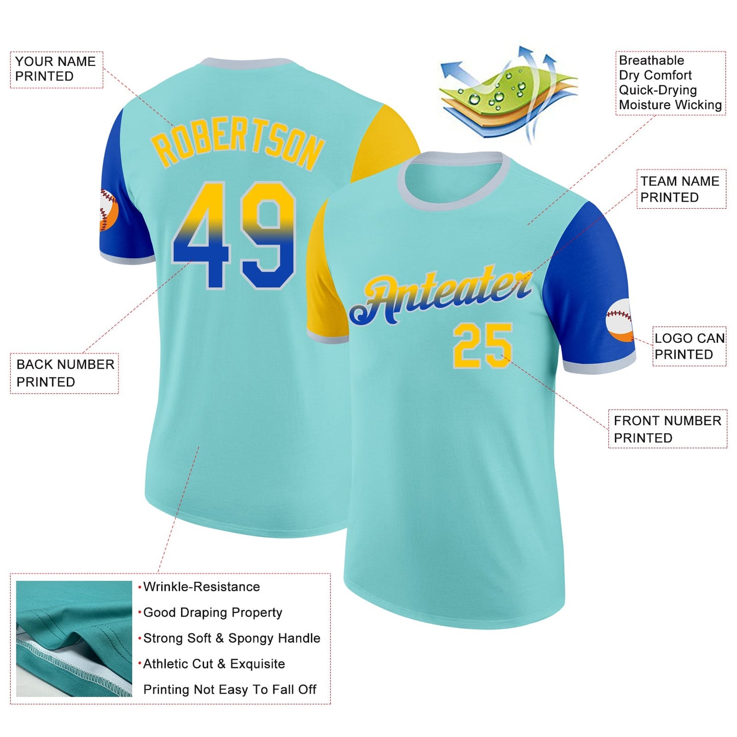 Custom Ice Blue Yellow Thunder Blue-Silver Gradient Two Tone Performance T-Shirt view 2