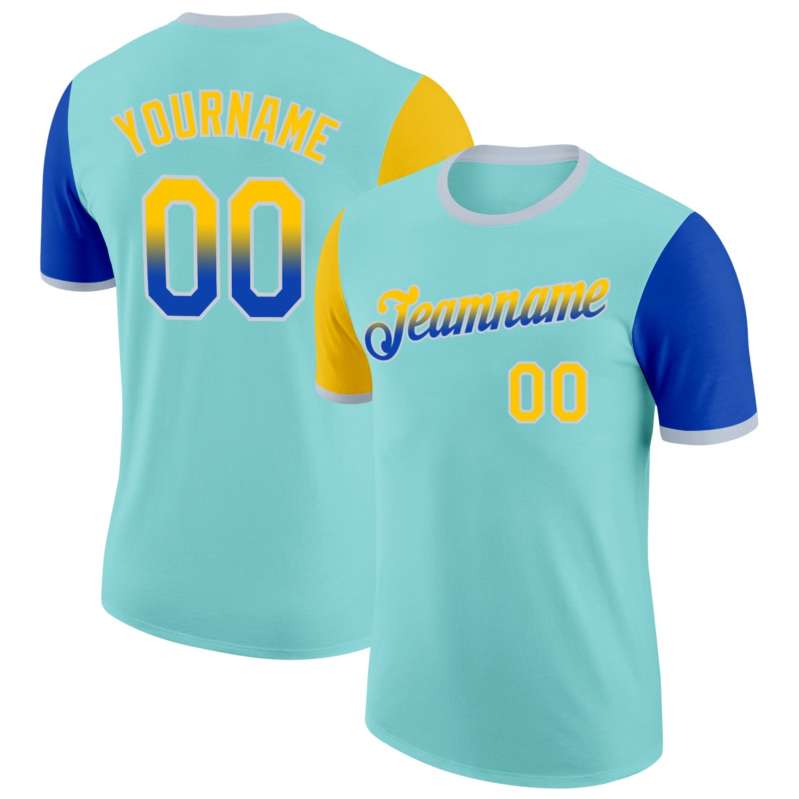 Custom Ice Blue Yellow Thunder Blue-Silver Gradient Two Tone Performance T-Shirt - Main View