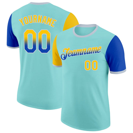 Custom Ice Blue Yellow Thunder Blue-Silver Gradient Two Tone Performance T-Shirt - Main View