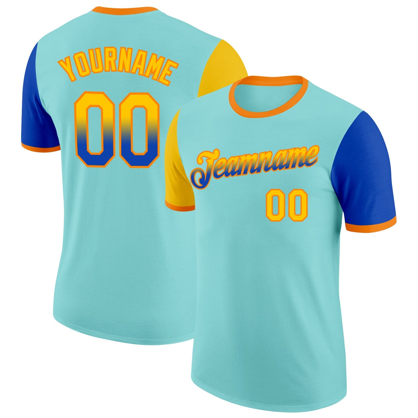 Custom Ice Blue Yellow Thunder Blue-Bay Orange Gradient Two Tone Performance T-Shirt - Main View