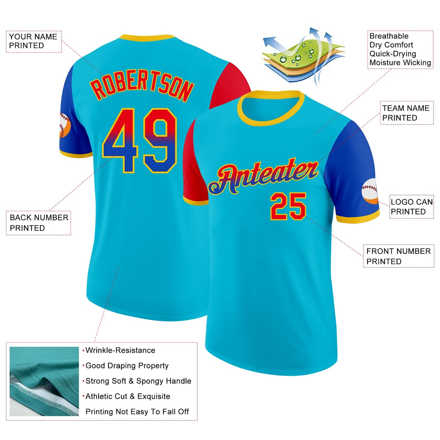 Custom Lakes Blue Fire Red Thunder Blue-Yellow Gradient Two Tone Performance T-Shirt view 2