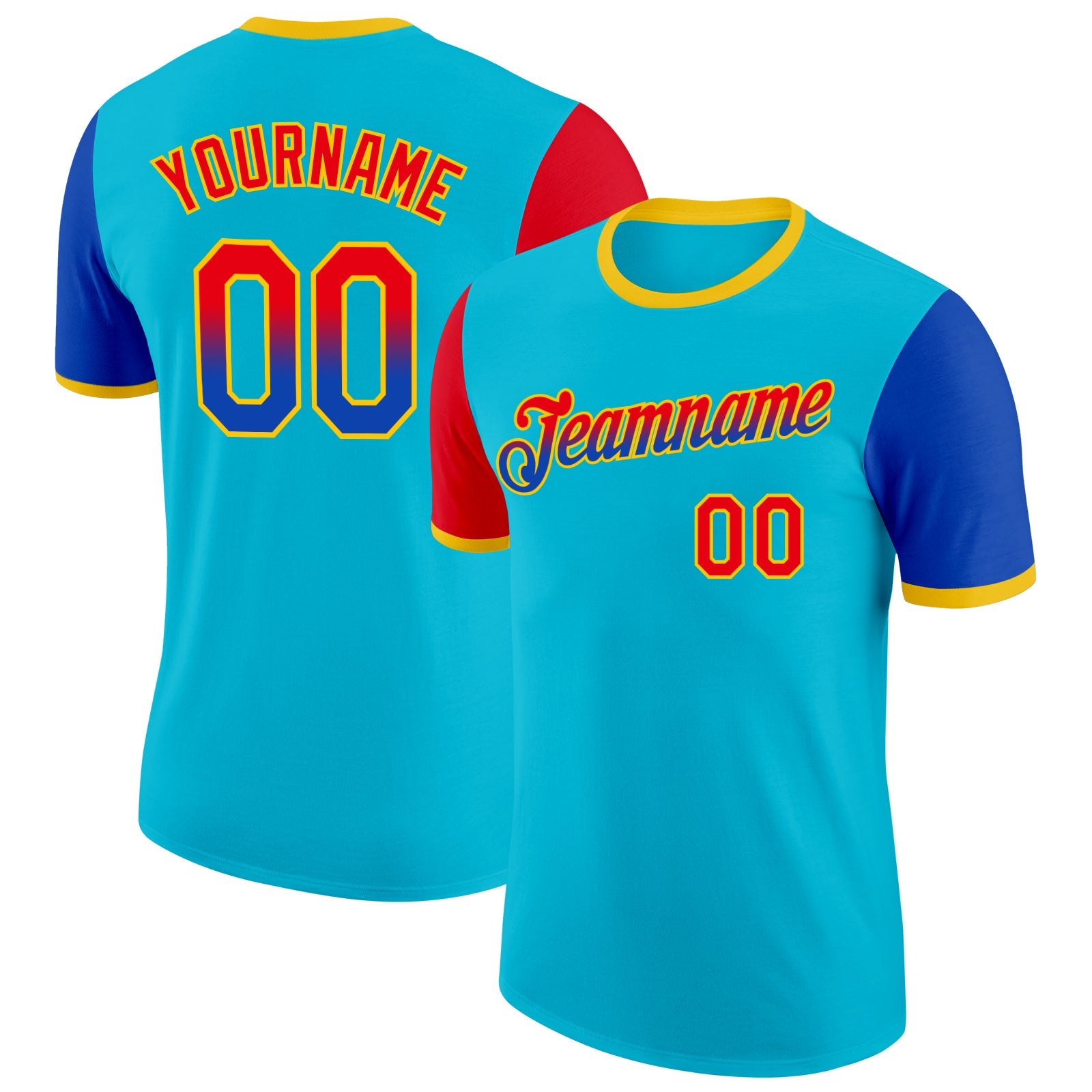 Custom Lakes Blue Fire Red Thunder Blue-Yellow Gradient Two Tone Performance T-Shirt - Main View
