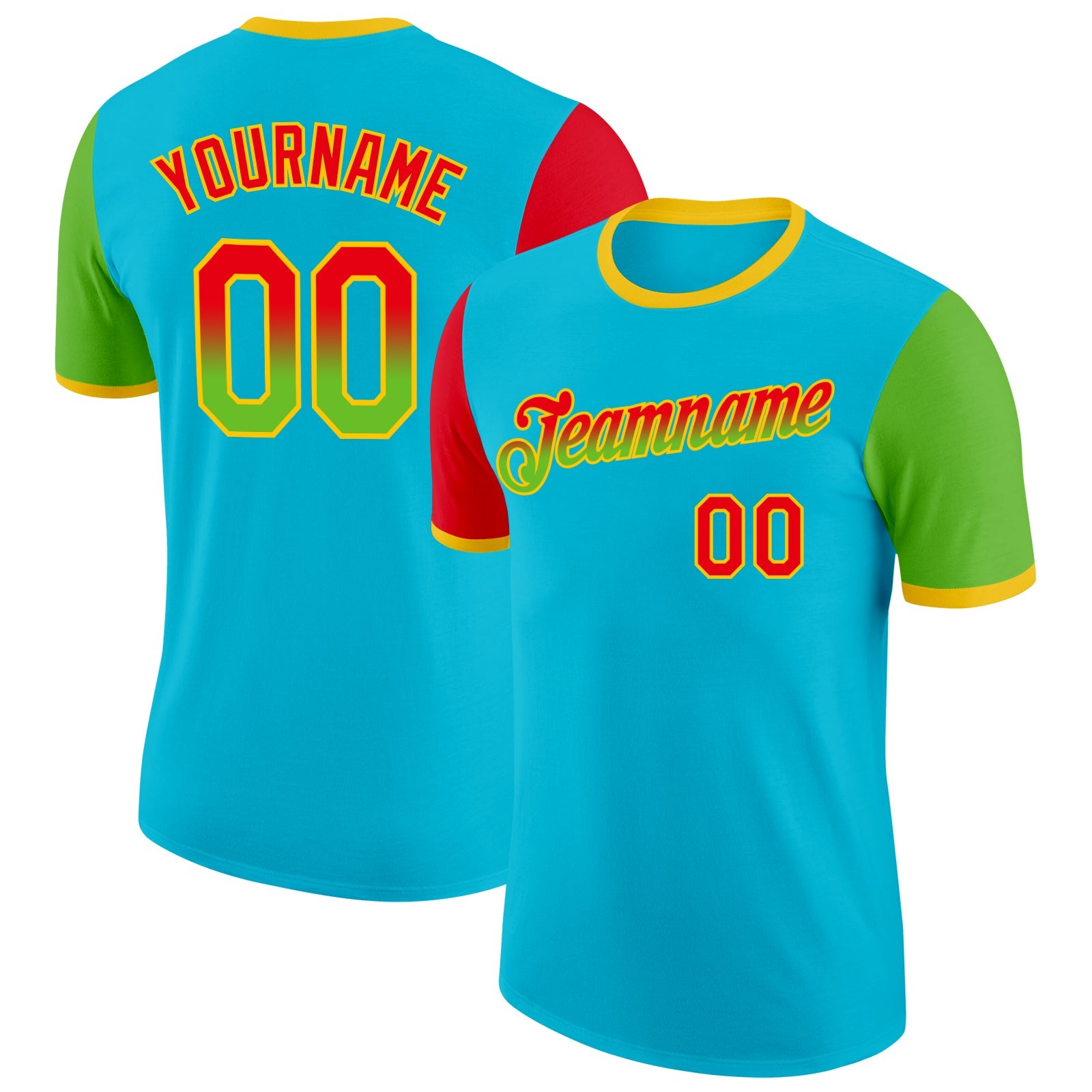 Custom Lakes Blue Fire Red Aurora Green-Yellow Gradient Two Tone Performance T-Shirt - Main View