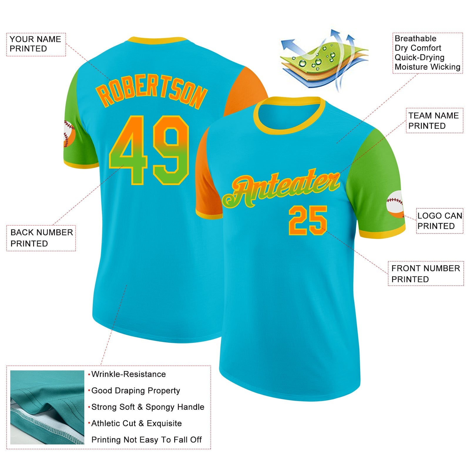 Custom Lakes Blue Bay Orange Aurora Green-Yellow Gradient Two Tone Performance T-Shirt view 2
