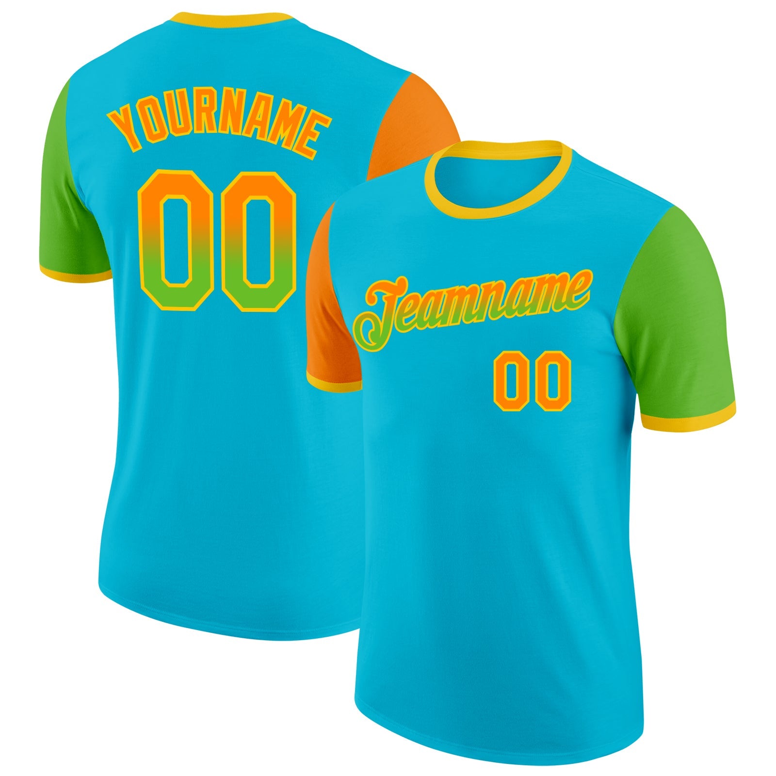 Custom Lakes Blue Bay Orange Aurora Green-Yellow Gradient Two Tone Performance T-Shirt - Main View