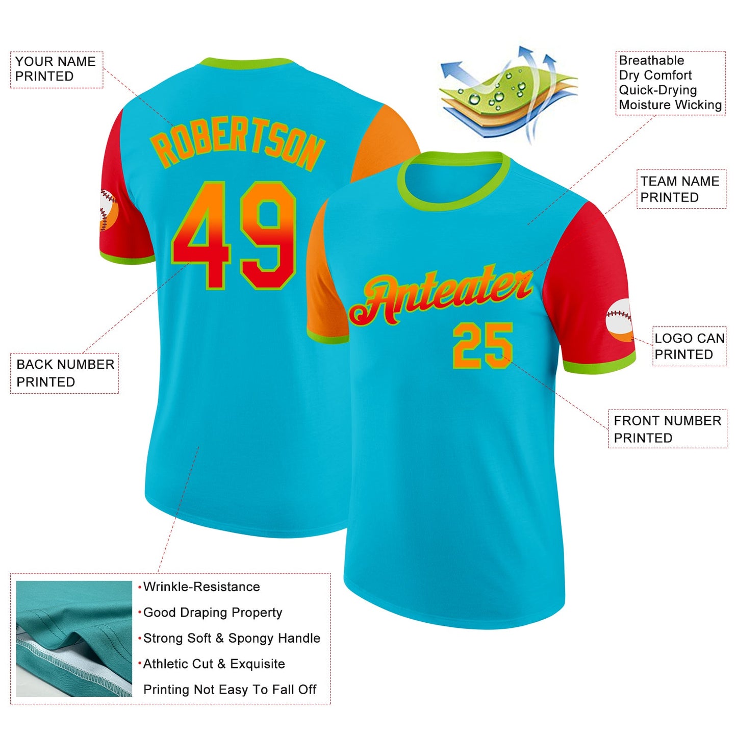 Custom Lakes Blue Bay Orange Fire Red-Neon Green Gradient Two Tone Performance T-Shirt view 2