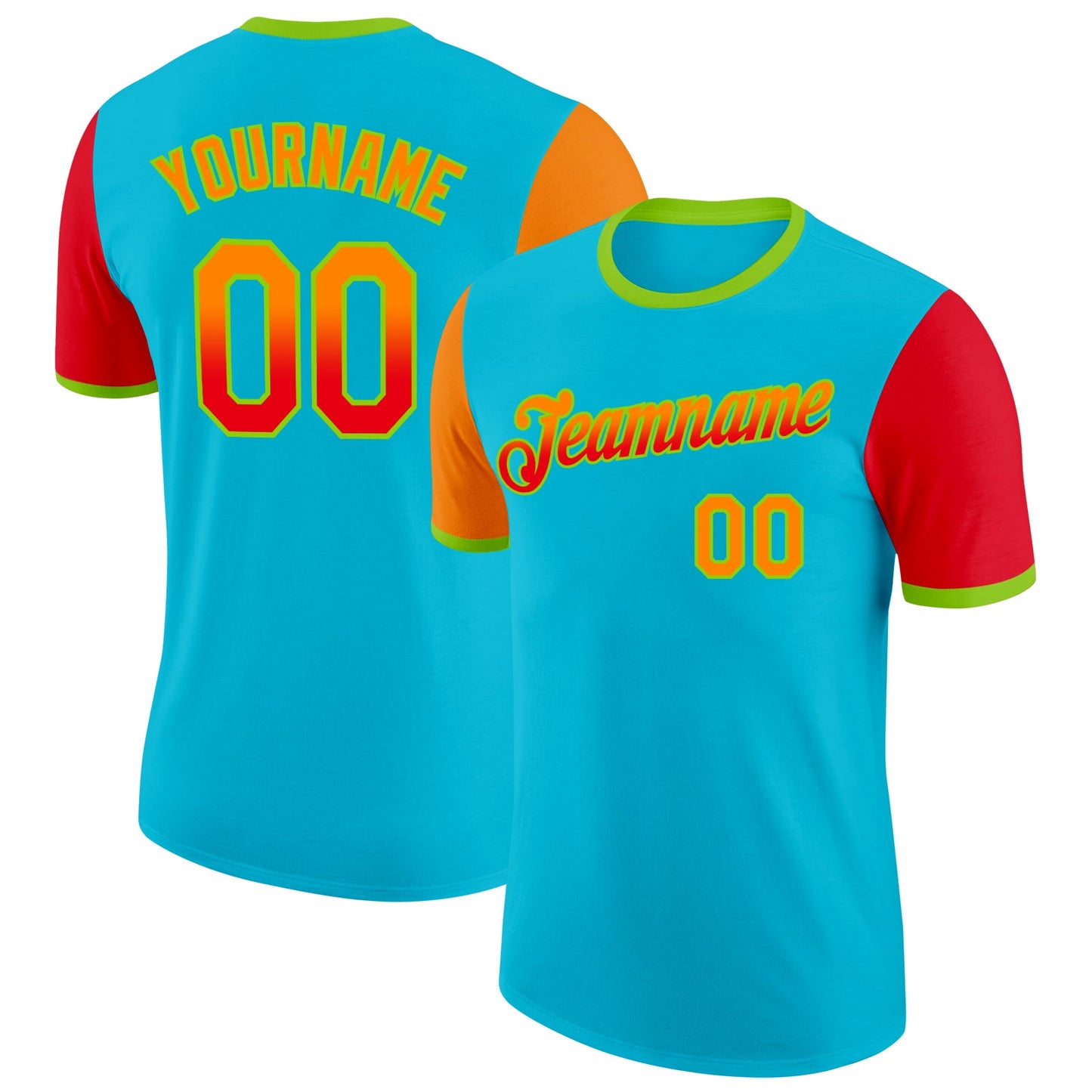 Custom Lakes Blue Bay Orange Fire Red-Neon Green Gradient Two Tone Performance T-Shirt - Main View